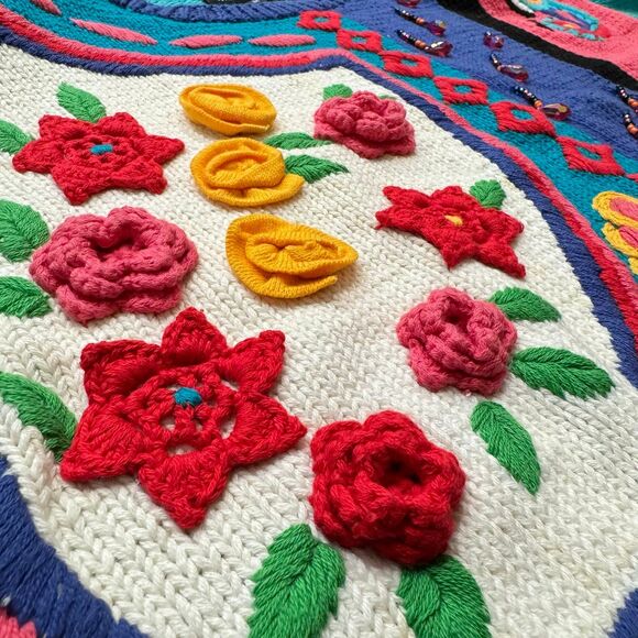 VINTAGE 80s Carole Little Colorful Floral Handknit Short Sleeve Cardigan Sz M - Picture 3 of 8